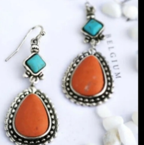 SANTA FE CORAL / TURQUOISE SILVER DROP EARRINGS 2 IN - Picture 2 of 2